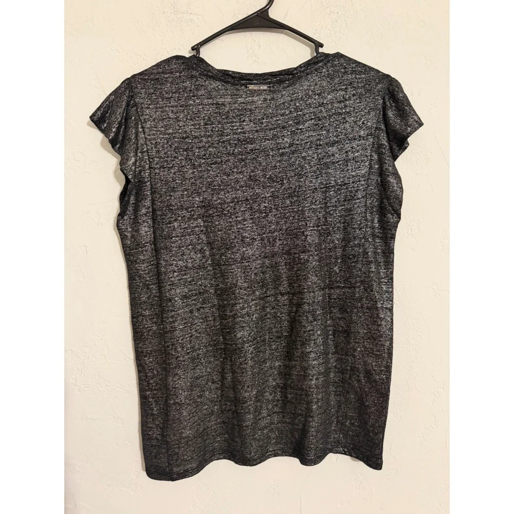 Michael Kors Womens Metallic Silver Black Linen Flutter Sleeve Top XS
